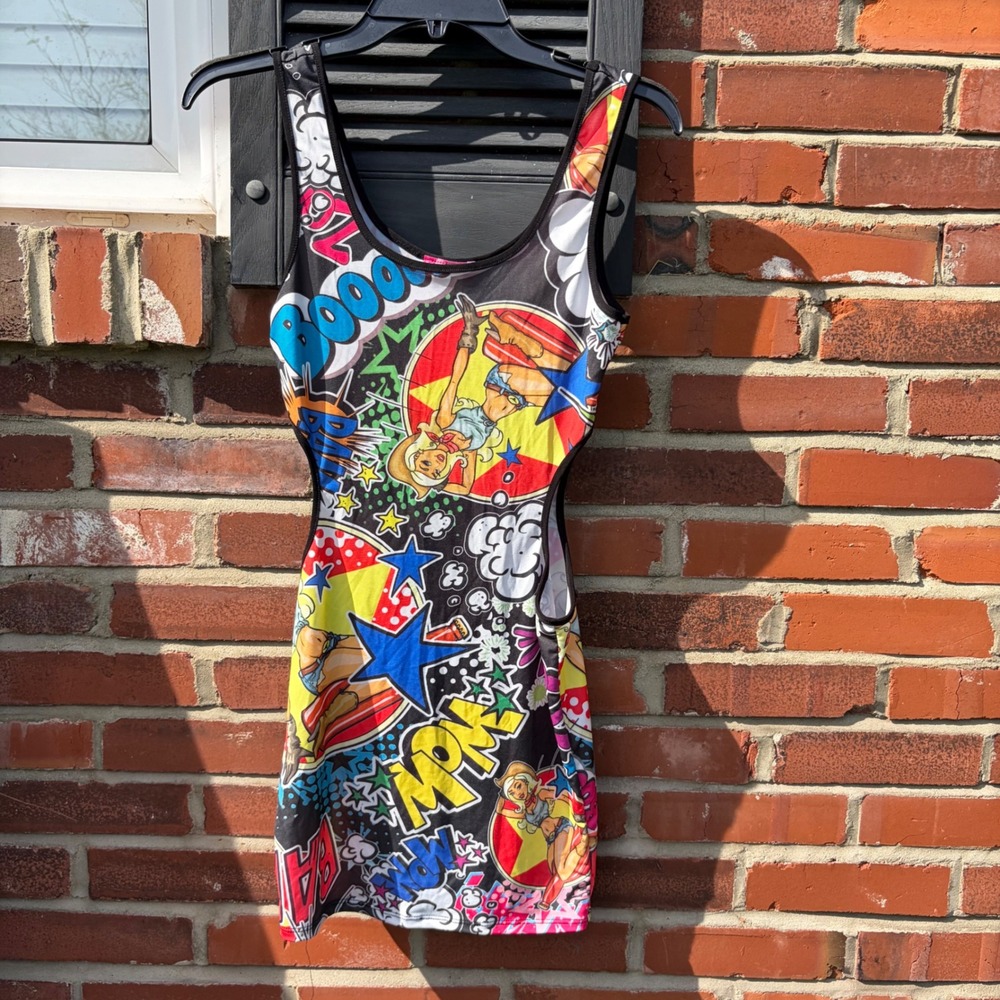 Body Central Comic Pop Art Cut Out Mini Dress Small CD2170 Sleeveless Bodycon